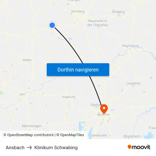 Ansbach to Klinikum Schwabing map