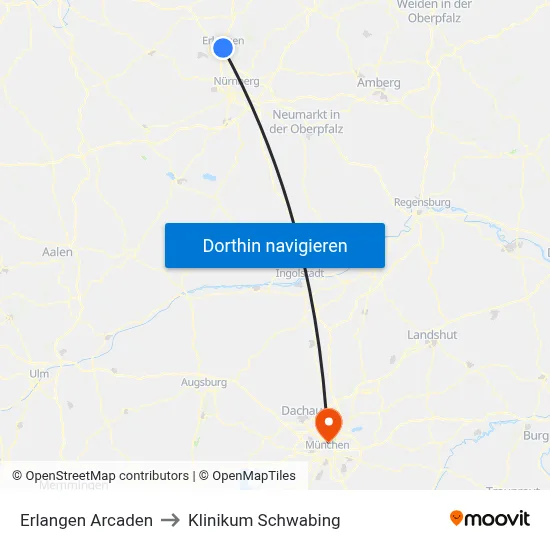 Erlangen Arcaden to Klinikum Schwabing map