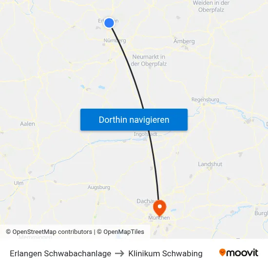 Erlangen Schwabachanlage to Klinikum Schwabing map