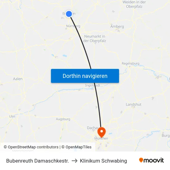 Bubenreuth Damaschkestr. to Klinikum Schwabing map