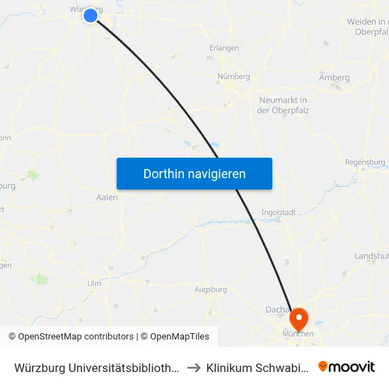 Würzburg Universitätsbibliothek to Klinikum Schwabing map