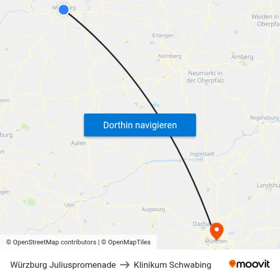 Würzburg Juliuspromenade to Klinikum Schwabing map