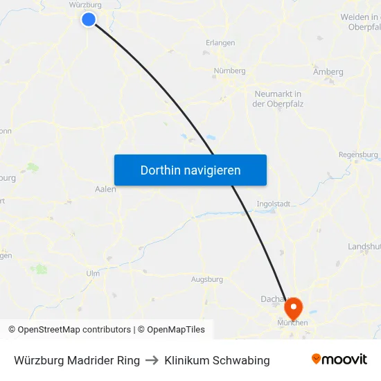 Würzburg Madrider Ring to Klinikum Schwabing map