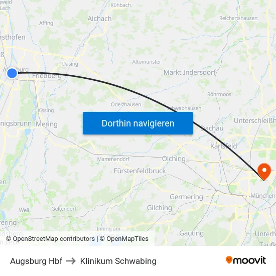 Augsburg Hbf to Klinikum Schwabing map