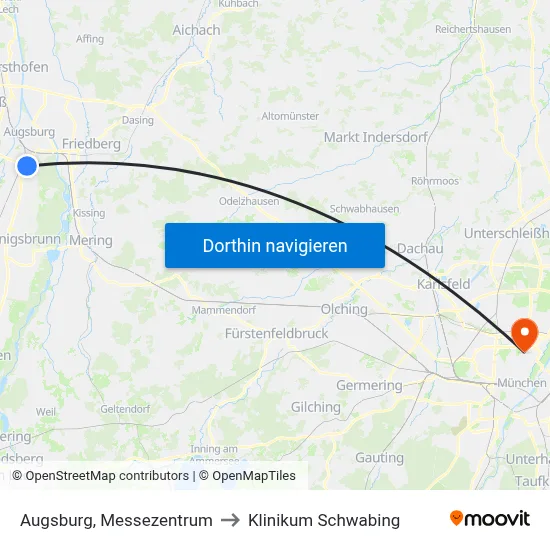 Augsburg, Messezentrum to Klinikum Schwabing map
