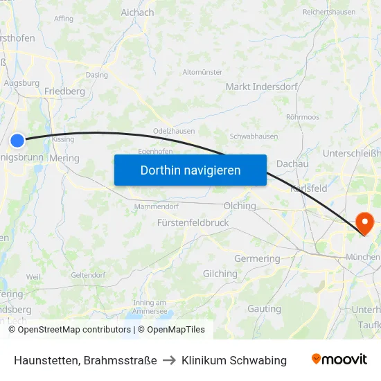 Haunstetten, Brahmsstraße to Klinikum Schwabing map