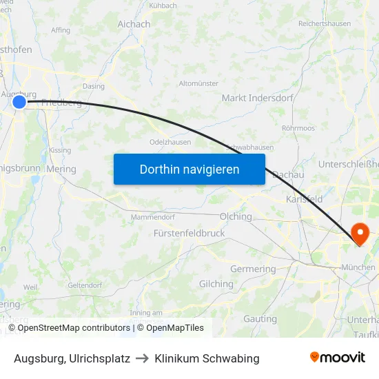 Augsburg, Ulrichsplatz to Klinikum Schwabing map