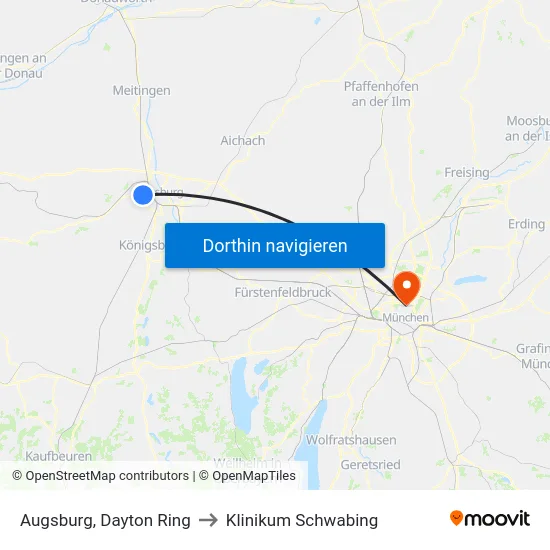Augsburg, Dayton Ring to Klinikum Schwabing map