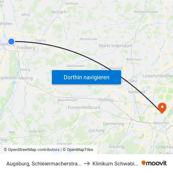 Augsburg, Schleiermacherstraße to Klinikum Schwabing map