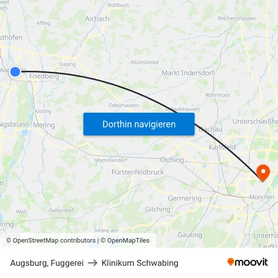 Augsburg, Fuggerei to Klinikum Schwabing map