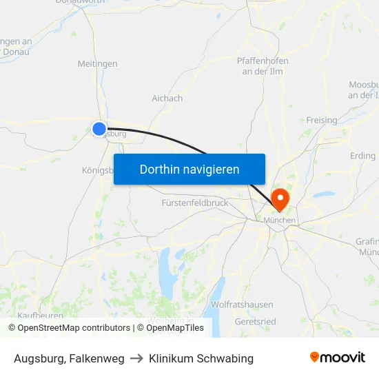 Augsburg, Falkenweg to Klinikum Schwabing map