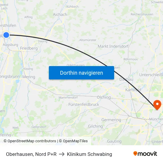 Oberhausen, Nord P+R to Klinikum Schwabing map