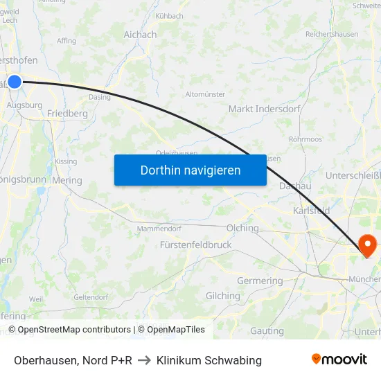 Oberhausen, Nord P+R to Klinikum Schwabing map