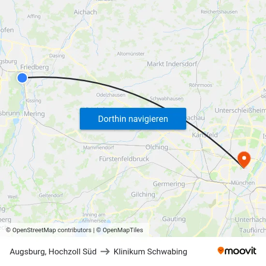 Augsburg, Hochzoll Süd to Klinikum Schwabing map