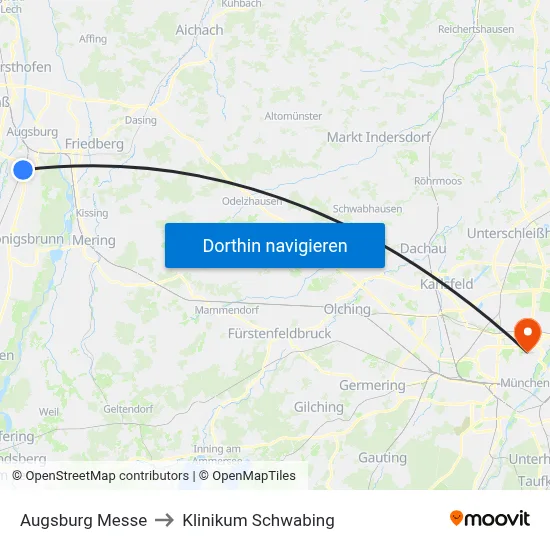 Augsburg Messe to Klinikum Schwabing map