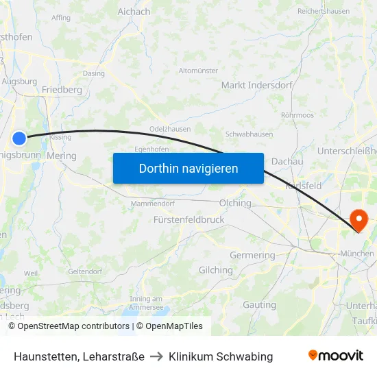 Haunstetten, Leharstraße to Klinikum Schwabing map