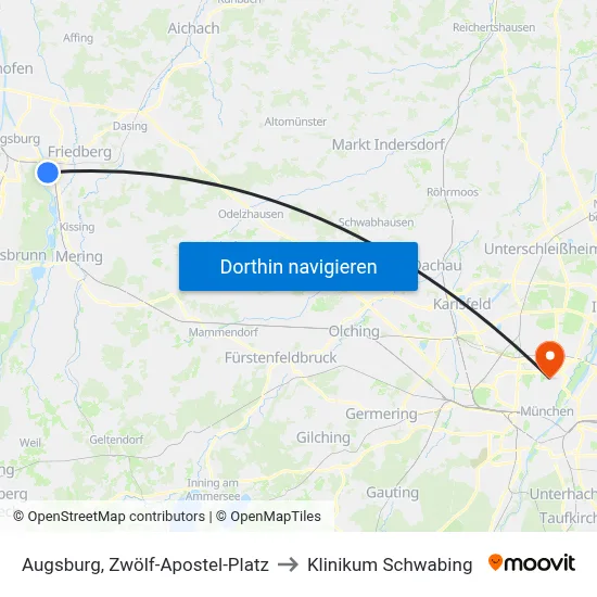 Augsburg, Zwölf-Apostel-Platz to Klinikum Schwabing map