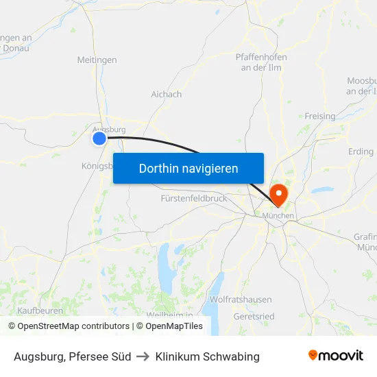 Augsburg, Pfersee Süd to Klinikum Schwabing map