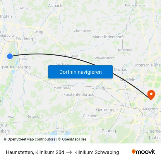 Haunstetten, Klinikum Süd to Klinikum Schwabing map