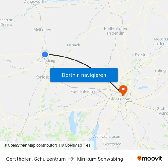Gersthofen, Schulzentrum to Klinikum Schwabing map