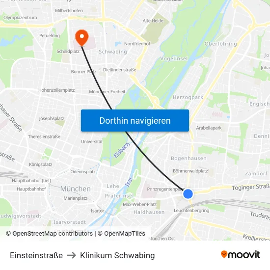 Einsteinstraße to Klinikum Schwabing map