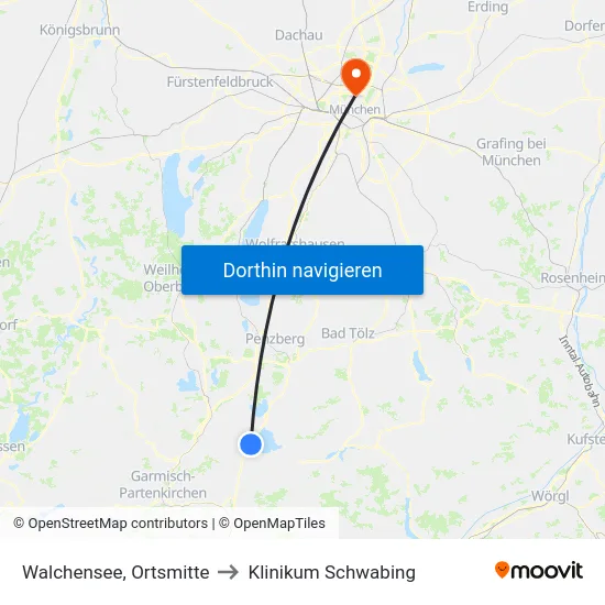 Walchensee, Ortsmitte to Klinikum Schwabing map