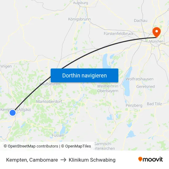 Kempten, Cambomare to Klinikum Schwabing map