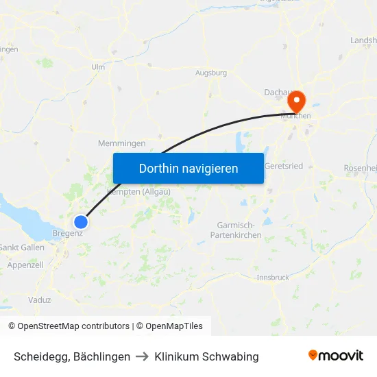 Scheidegg, Bächlingen to Klinikum Schwabing map