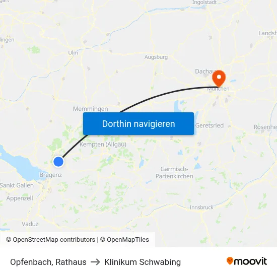 Opfenbach, Rathaus to Klinikum Schwabing map