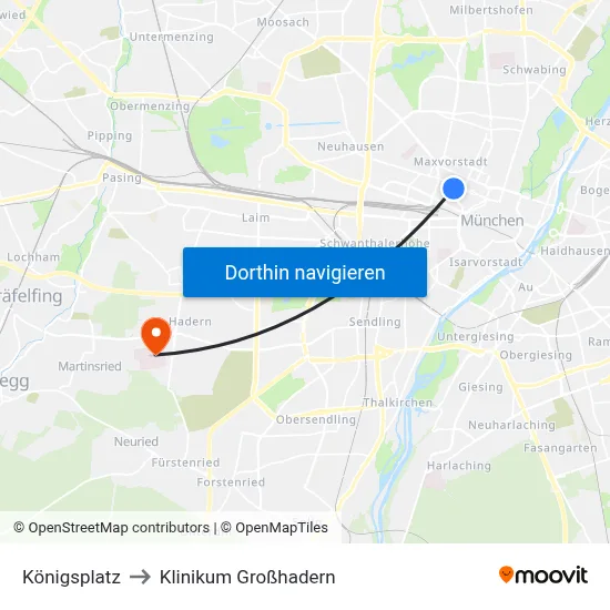 Königsplatz to Klinikum Großhadern map
