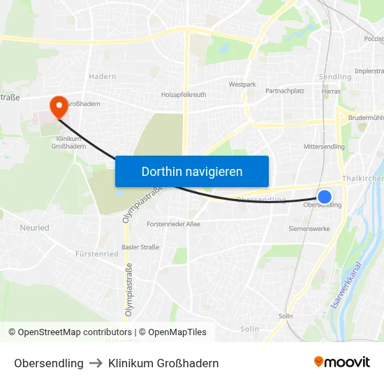 Obersendling to Klinikum Großhadern map