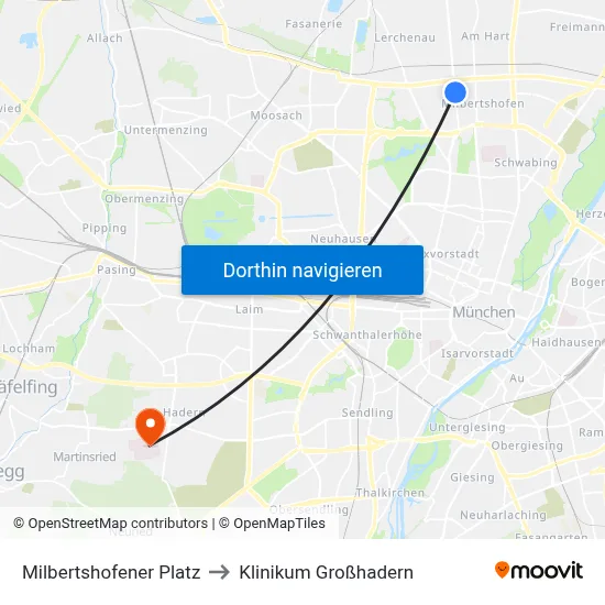 Milbertshofener Platz to Klinikum Großhadern map