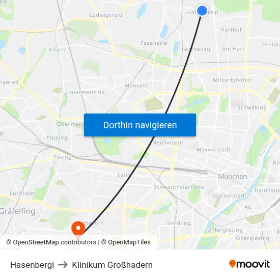 Hasenbergl to Klinikum Großhadern map