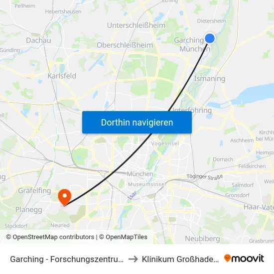 Garching - Forschungszentrum to Klinikum Großhadern map