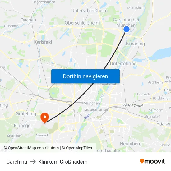 Garching to Klinikum Großhadern map