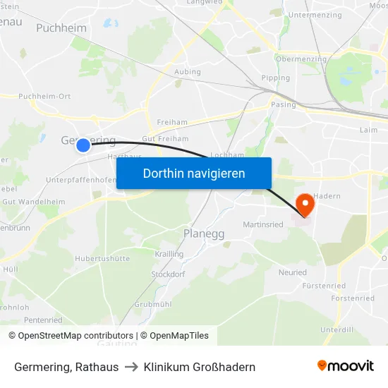 Germering, Rathaus to Klinikum Großhadern map