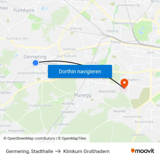 Germering, Stadthalle to Klinikum Großhadern map