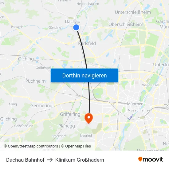 Dachau Bahnhof to Klinikum Großhadern map