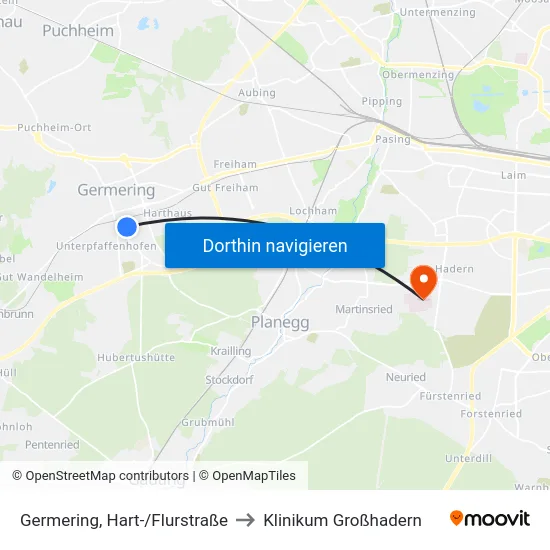 Germering, Hart-/Flurstraße to Klinikum Großhadern map