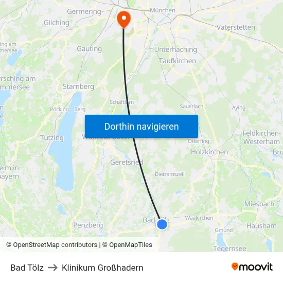 Bad Tölz to Klinikum Großhadern map