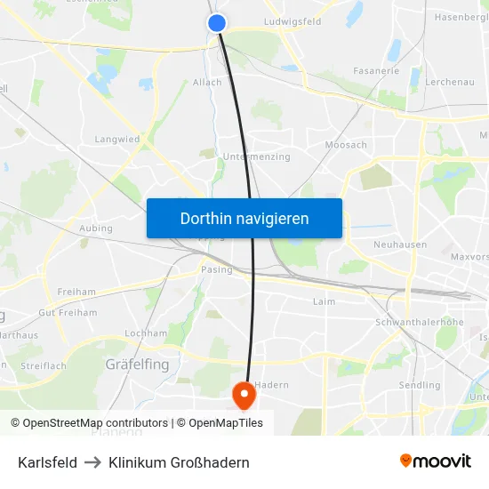 Karlsfeld to Klinikum Großhadern map