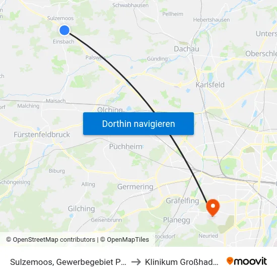 Sulzemoos, Gewerbegebiet P+R to Klinikum Großhadern map