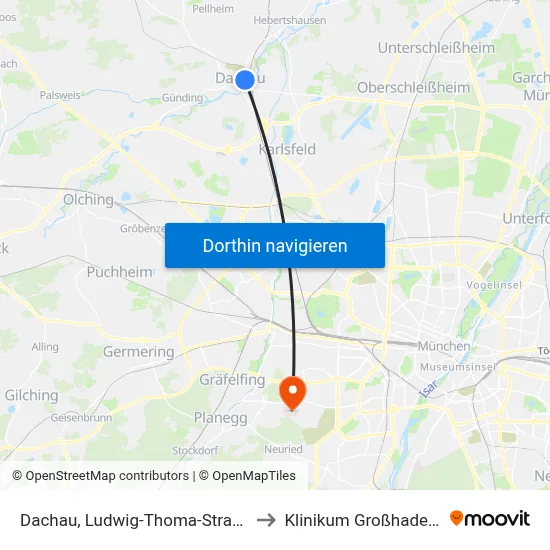 Dachau, Ludwig-Thoma-Straße to Klinikum Großhadern map