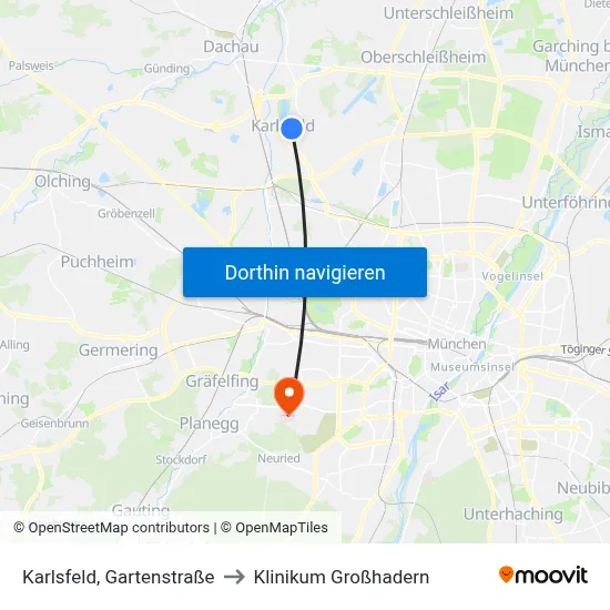Karlsfeld, Gartenstraße to Klinikum Großhadern map