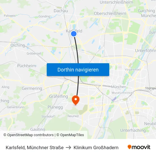Karlsfeld, Münchner Straße to Klinikum Großhadern map