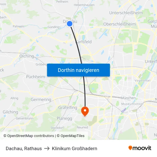 Dachau, Rathaus to Klinikum Großhadern map