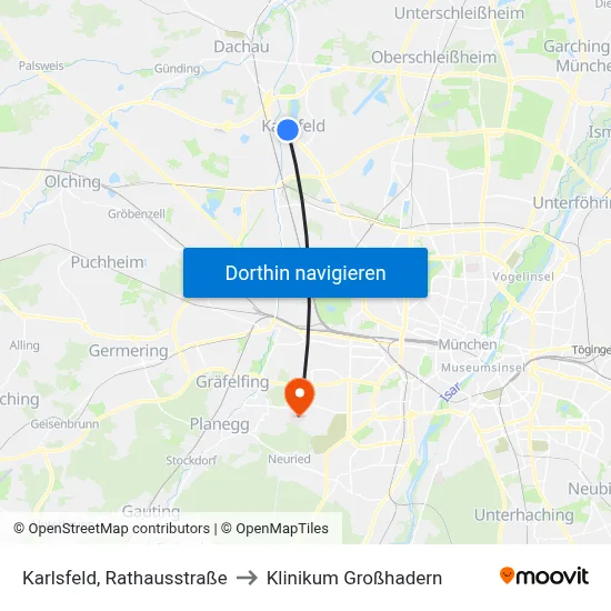 Karlsfeld, Rathausstraße to Klinikum Großhadern map