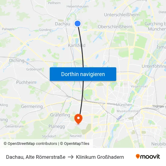 Dachau, Alte Römerstraße to Klinikum Großhadern map