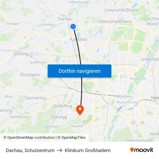 Dachau, Schulzentrum to Klinikum Großhadern map
