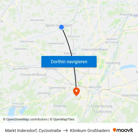 Markt Indersdorf, Cyclostraße to Klinikum Großhadern map